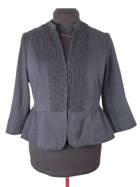 Womens Sz 14 Peplum Blazer Jacket Black Lace Trim Stretchy Casual Cotton Comfy